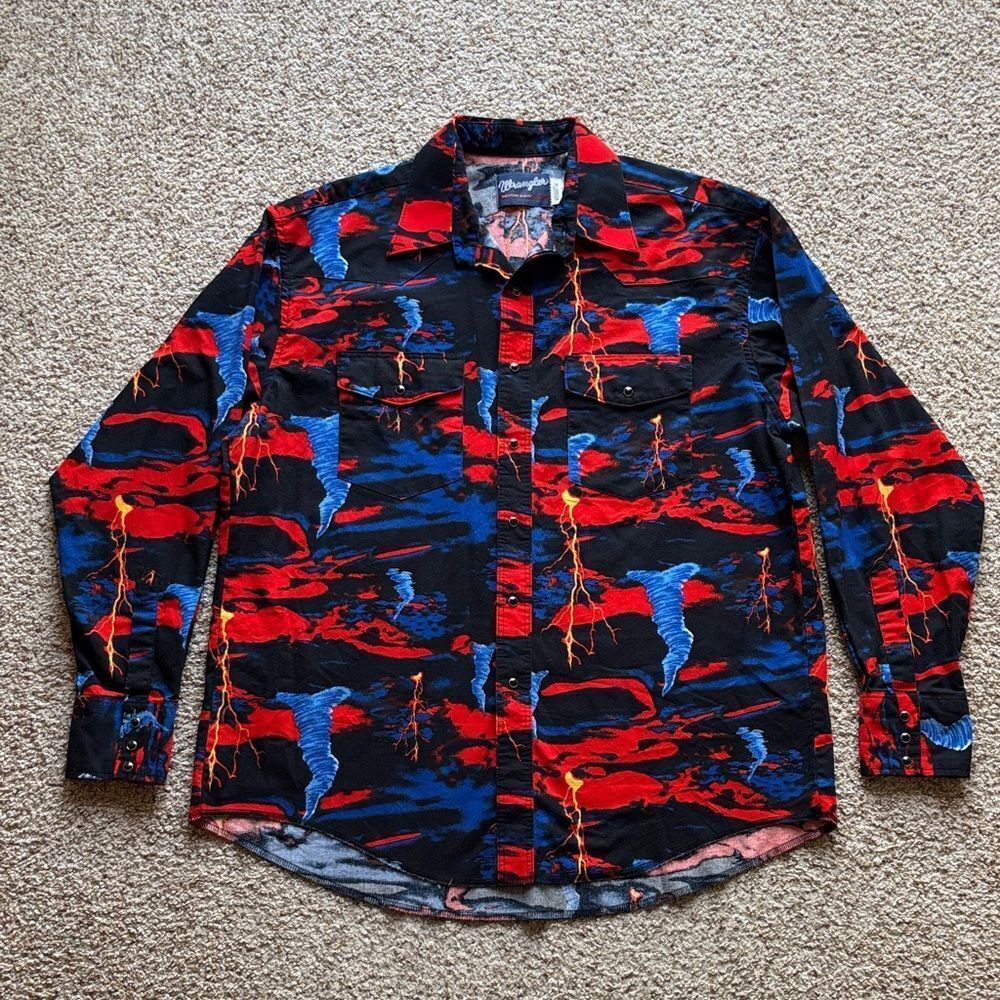 WILD VTG 90’s Y2K Wrangler Twister Tornado Lightning AOP Print Western Shirt XL